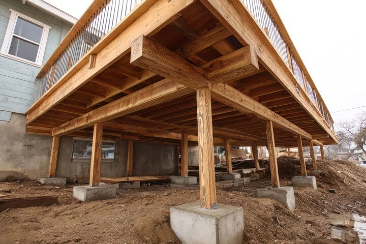 Custom floating deck installation adapting to uneven backyard terrain in Sacramento