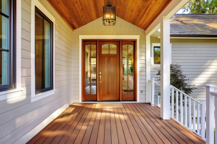 Homeowners reviewing composite deck design plans with a contractor outdoors
