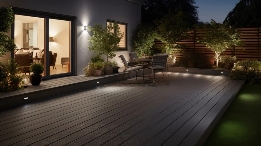 Sacramento backyard with a custom composite deck, outdoor seating, and landscaped garden