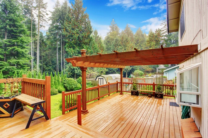 Floating deck construction project in progress with framing and support materials installed